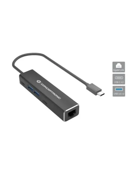 Adaptador usb tipo c a rj45 conceptronic macho - hembra + hub 4 en 1
