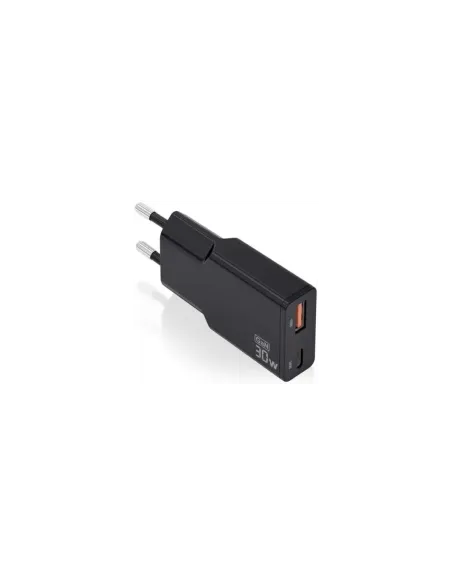 Cargador de Pared GaN Aisens ASCH-30W2P047-BK/ 1xUSB Tipo-C/ 1xUSB/ 30W/ Negro