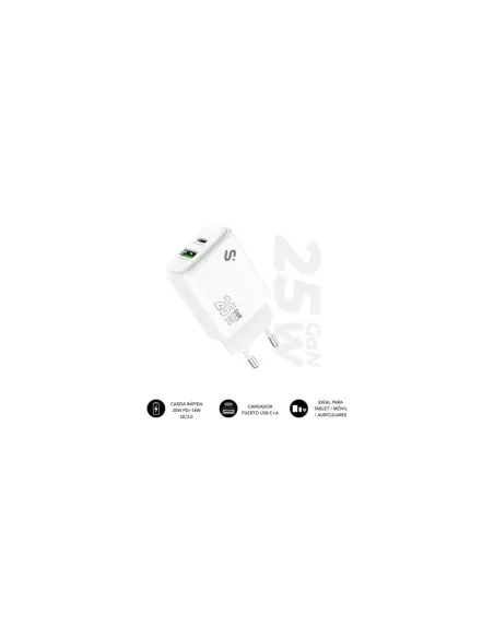 Cargador de Pared GaN Subblim 25W Charger USB C+A/ 1xUSB Tipo-C/ 1xUSB/ 25W