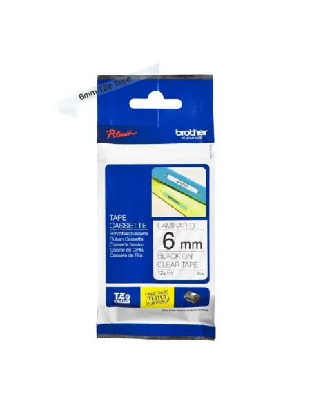 Cinta laminada brother tze111 8mm x 6mm transparente - negro