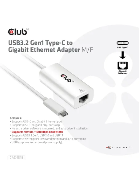 CLUB3D CAC-1519 cambiador de género para cable USB-C RJ-45 Blanco