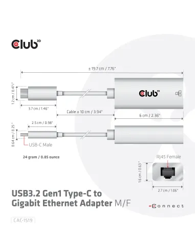CLUB3D CAC-1519 cambiador de género para cable USB-C RJ-45 Blanco