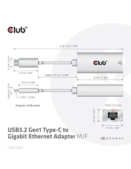 CLUB3D CAC-1519 cambiador de género para cable USB-C RJ-45 Blanco