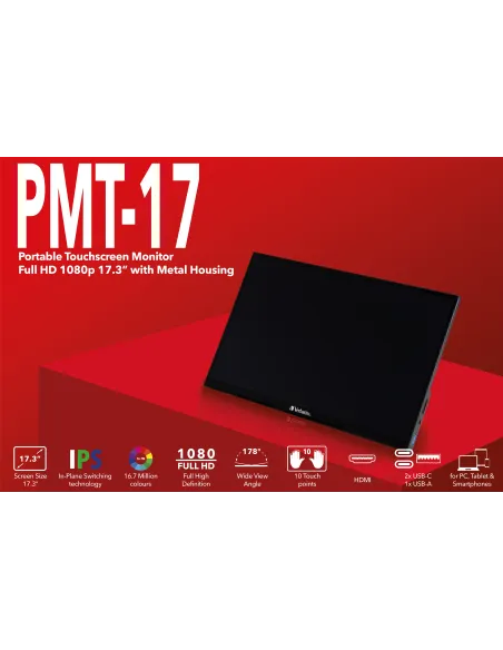 Verbatim 49593 pantalla para PC 43,9 cm (17.3") 1920 x 1080 Pixeles Full HD LCD Pantalla táctil Negro