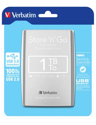 Verbatim Disco Duro Portátil Store 'n' Go USB 3.0 de 1 TB en color Plateado