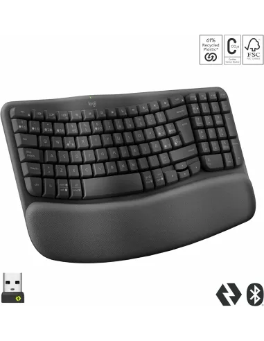 Logitech Wave Keys, teclado ergonómico inalámbrico con reposamanos acolchado, escritura cómoda y natural, Easy-Switch,