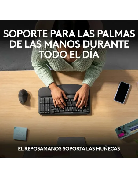 Logitech Wave Keys, teclado ergonómico inalámbrico con reposamanos acolchado, escritura cómoda y natural, Easy-Switch,