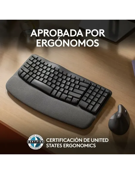 Logitech Wave Keys, teclado ergonómico inalámbrico con reposamanos acolchado, escritura cómoda y natural, Easy-Switch,
