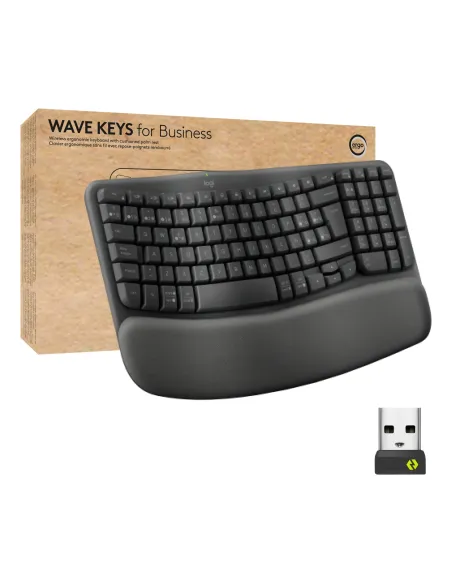 Logitech Wave Keys for Business, teclado ergonómico inalámbrico con reposamanos acolchado, tecnología Logi Bolt segura,