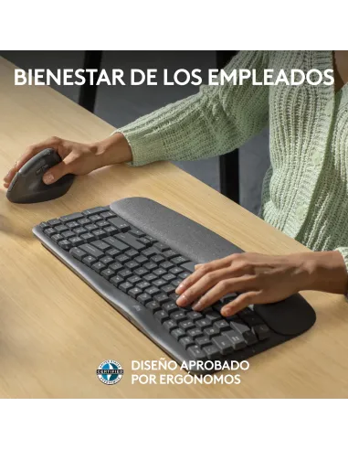 Logitech Wave Keys for Business, teclado ergonómico inalámbrico con reposamanos acolchado, tecnología Logi Bolt segura,