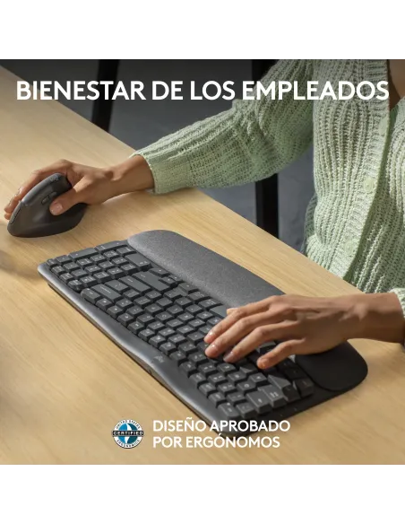 Logitech Wave Keys for Business, teclado ergonómico inalámbrico con reposamanos acolchado, tecnología Logi Bolt segura,