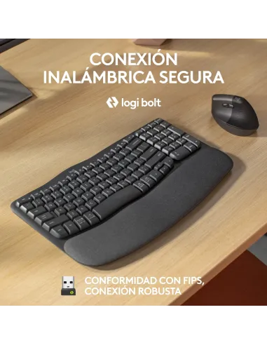 Logitech Wave Keys for Business, teclado ergonómico inalámbrico con reposamanos acolchado, tecnología Logi Bolt segura,