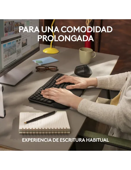 Logitech Wave Keys for Business, teclado ergonómico inalámbrico con reposamanos acolchado, tecnología Logi Bolt segura,
