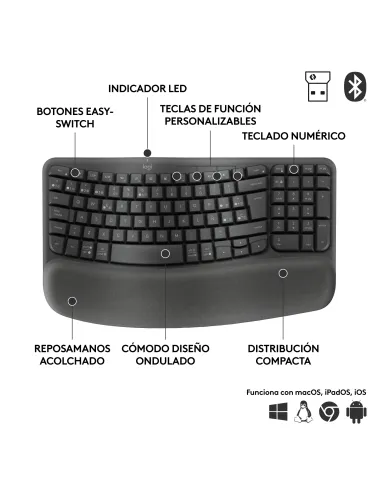 Logitech Wave Keys for Business, teclado ergonómico inalámbrico con reposamanos acolchado, tecnología Logi Bolt segura,