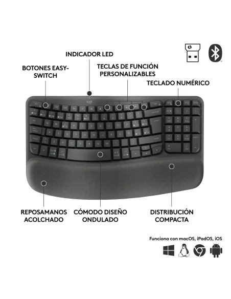 Logitech Wave Keys for Business, teclado ergonómico inalámbrico con reposamanos acolchado, tecnología Logi Bolt segura,