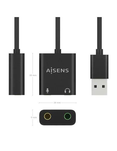 AISENS Conversor USB-A a Audio 48KHz, USB-A M-2xJack 3.5 H, Negro, 10 cm