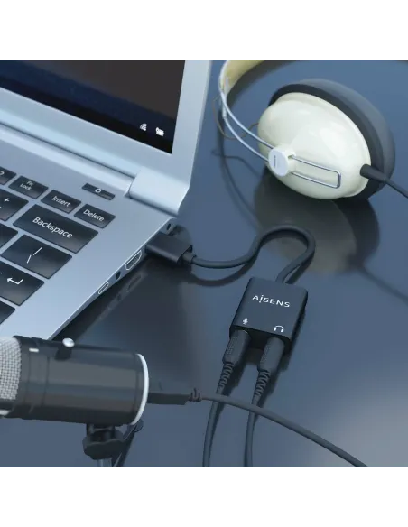 AISENS Conversor USB-A a Audio 48KHz, USB-A M-2xJack 3.5 H, Negro, 10 cm