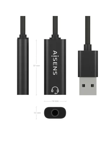 AISENS Conversor USB-A a Audio 48KHz, USB-A M-Jack 3.5 H, Negro, 10 cm