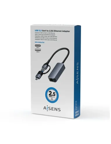 AISENS Conversor USB3.2 Gen1 USB-A+USB-C a Ethernet 2.5G 10 100 1000 2500 Mbps, Gris, 15cm