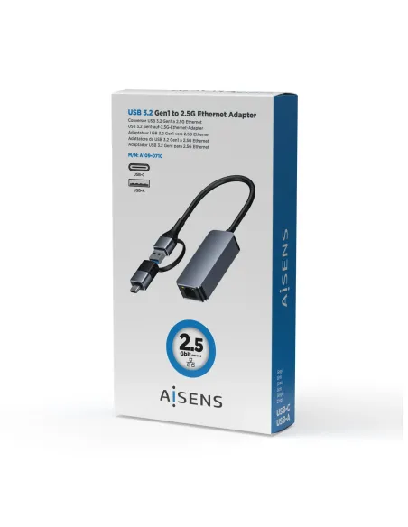AISENS Conversor USB3.2 Gen1 USB-A+USB-C a Ethernet 2.5G 10 100 1000 2500 Mbps, Gris, 15cm