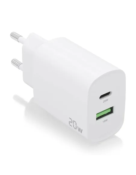 AISENS Cargador 20W, 1xUSB-C PD3.0, 1xUSB-A QC3.0, Blanco