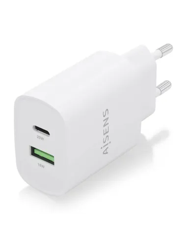 AISENS Cargador 20W, 1xUSB-C PD3.0, 1xUSB-A QC3.0, Blanco