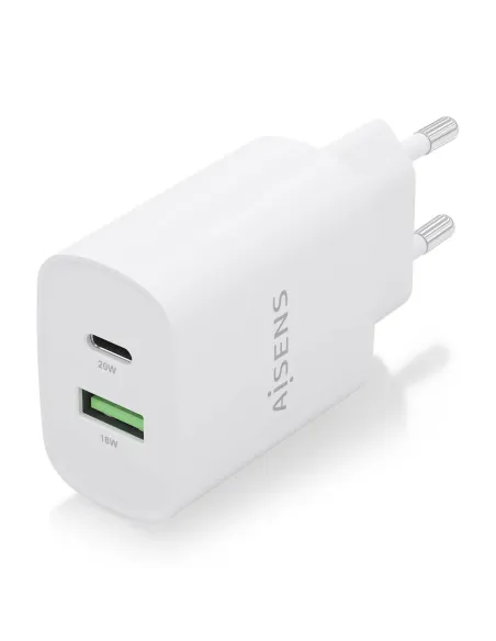AISENS Cargador 20W, 1xUSB-C PD3.0, 1xUSB-A QC3.0, Blanco