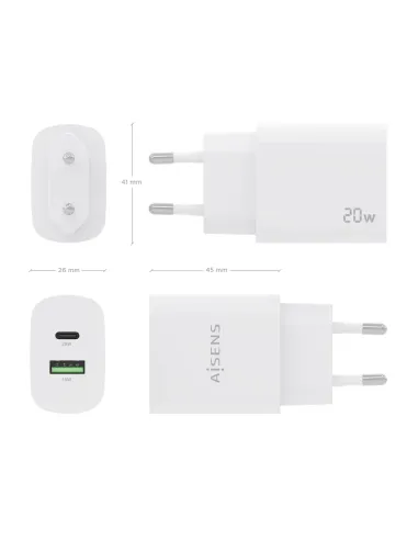 AISENS Cargador 20W, 1xUSB-C PD3.0, 1xUSB-A QC3.0, Blanco