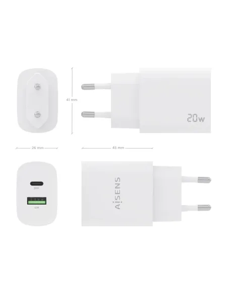 AISENS Cargador 20W, 1xUSB-C PD3.0, 1xUSB-A QC3.0, Blanco