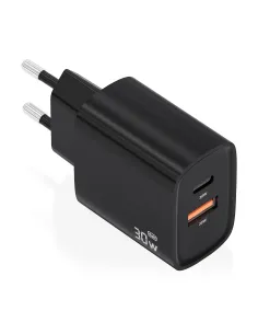 AISENS Cargador GaN 30W, 1xUSB-C PD3.0 QC4.0, 1xUSB-A QC3.0, Negro