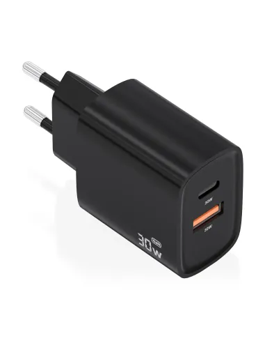 AISENS Cargador GaN 30W, 1xUSB-C PD3.0 QC4.0, 1xUSB-A QC3.0, Negro
