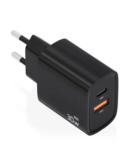 AISENS Cargador GaN 30W, 1xUSB-C PD3.0 QC4.0, 1xUSB-A QC3.0, Negro