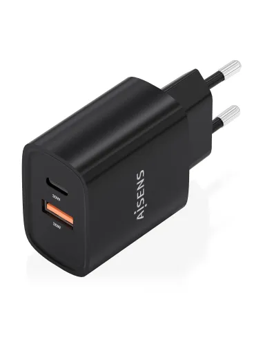 AISENS Cargador GaN 30W, 1xUSB-C PD3.0 QC4.0, 1xUSB-A QC3.0, Negro