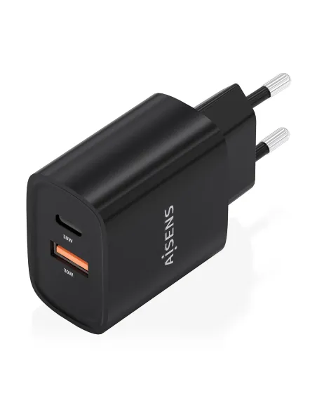 AISENS Cargador GaN 30W, 1xUSB-C PD3.0 QC4.0, 1xUSB-A QC3.0, Negro
