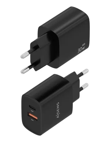 AISENS Cargador GaN 30W, 1xUSB-C PD3.0 QC4.0, 1xUSB-A QC3.0, Negro