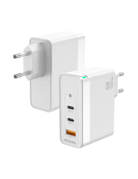 AISENS Cargador Gan 100W, 2xUSB-C PD3.0 QC4.0 QC5.0, 1xUSB-A QC3.0, Blanco