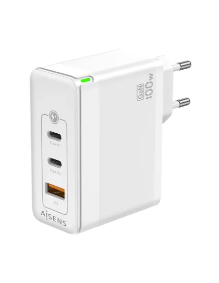 AISENS Cargador Gan 100W, 2xUSB-C PD3.0 QC4.0 QC5.0, 1xUSB-A QC3.0, Blanco