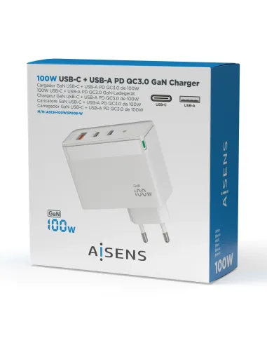 AISENS Cargador Gan 100W, 2xUSB-C PD3.0 QC4.0 QC5.0, 1xUSB-A QC3.0, Blanco