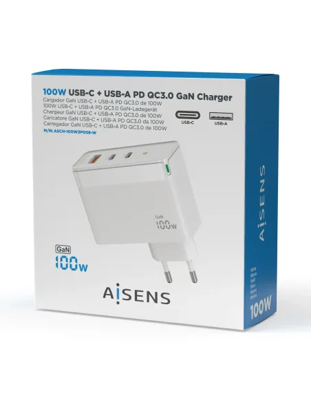 AISENS Cargador Gan 100W, 2xUSB-C PD3.0 QC4.0 QC5.0, 1xUSB-A QC3.0, Blanco