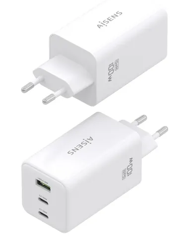 AISENS Cargador GaN 100W, 2x USB-C PD3.0 QC4.0 QC5.0, 1x USB-A QC3.0, Blanco