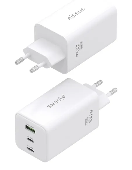 AISENS Cargador GaN 100W, 2x USB-C PD3.0 QC4.0 QC5.0, 1x USB-A QC3.0, Blanco