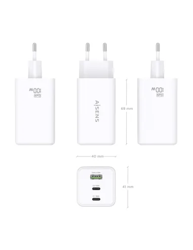 AISENS Cargador GaN 100W, 2x USB-C PD3.0 QC4.0 QC5.0, 1x USB-A QC3.0, Blanco
