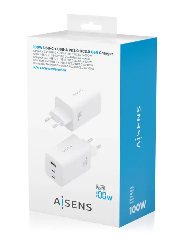 AISENS Cargador GaN 100W, 2x USB-C PD3.0 QC4.0 QC5.0, 1x USB-A QC3.0, Blanco