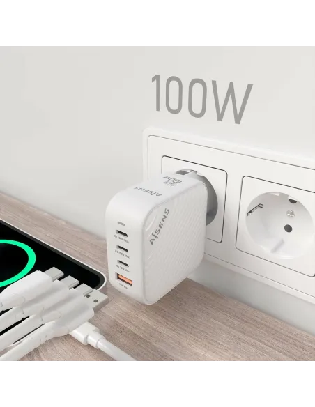 AISENS Cargador GaN 100W, 3xUSB-C PD3.0 QC4.0, 1xUSB-A QC3.0, Blanco