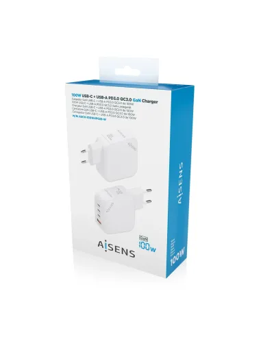 AISENS Cargador GaN 100W, 3xUSB-C PD3.0 QC4.0, 1xUSB-A QC3.0, Blanco