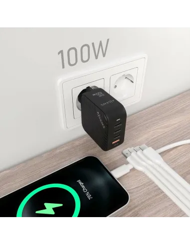 AISENS Cargador GaN 100W, 3xUSB-C PD3.0 QC4.0, 1xUSB-A QC3.0, Negro