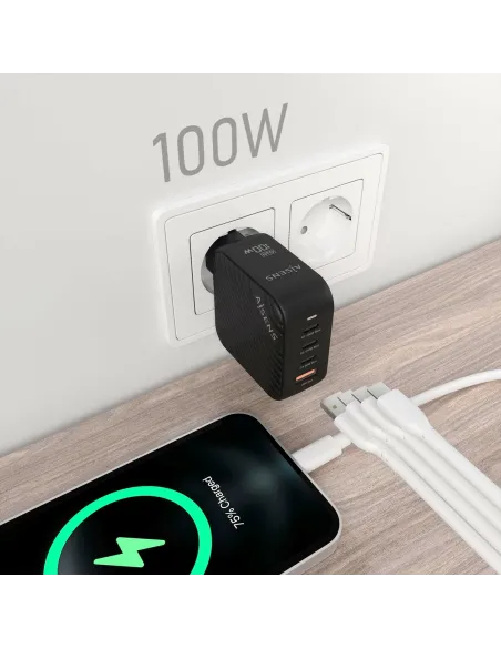 AISENS Cargador GaN 100W, 3xUSB-C PD3.0 QC4.0, 1xUSB-A QC3.0, Negro