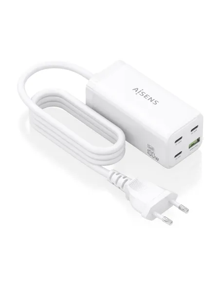 AISENS Cargador Sobremesa GaN 100W, 3x USB-C PD3.0 QC4.0 QC5.0, 1x USB-A QC3.0, Blanco