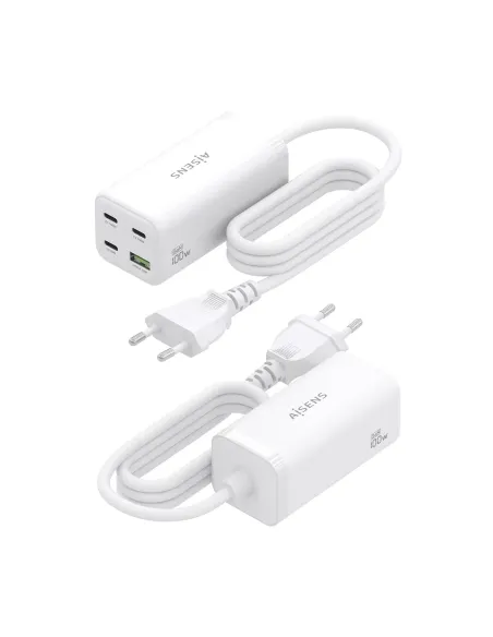 AISENS Cargador Sobremesa GaN 100W, 3x USB-C PD3.0 QC4.0 QC5.0, 1x USB-A QC3.0, Blanco