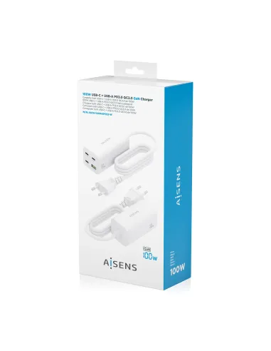 AISENS Cargador Sobremesa GaN 100W, 3x USB-C PD3.0 QC4.0 QC5.0, 1x USB-A QC3.0, Blanco